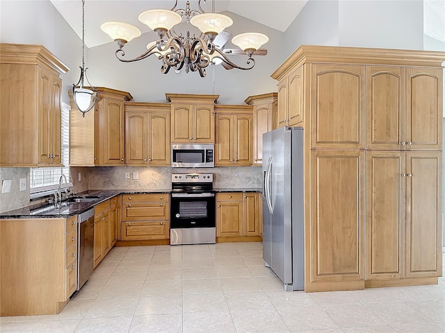 kitchen with hanging light fixtures, backsplash, a chandelier, dark stone counters, and appliances with stainless steel finishes