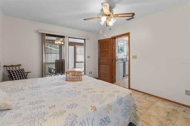 bedroom featuring ceiling fan, sink, a textured ceiling, and access to outside