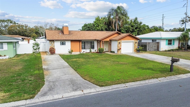 single story home featuring a front yard and a garage