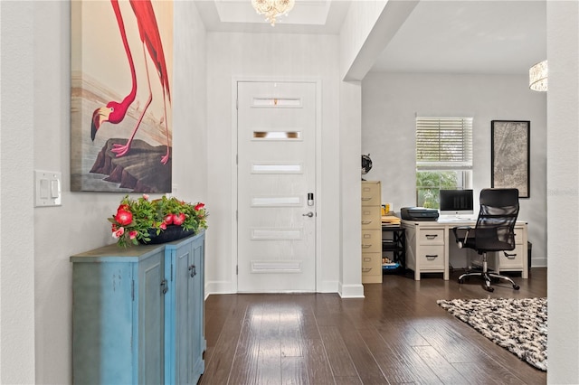 foyer with a notable chandelier and dark hardwood / wood-style flooring