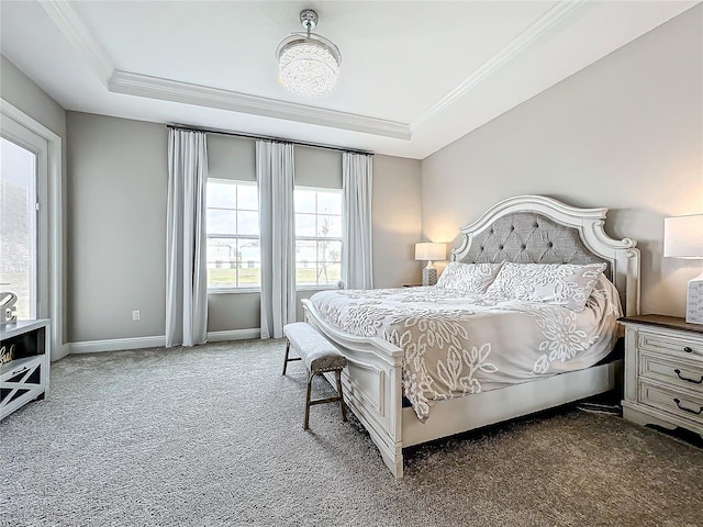 carpeted bedroom featuring a tray ceiling