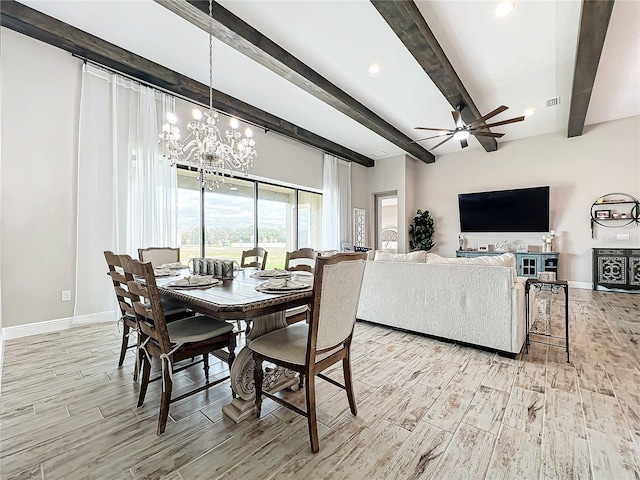 13028 Homestead Ln, Parrish, FL 34219 - dining area featuring light wood-style flooring, baseboards, a chandelier, a ceiling fan, and beam ceiling