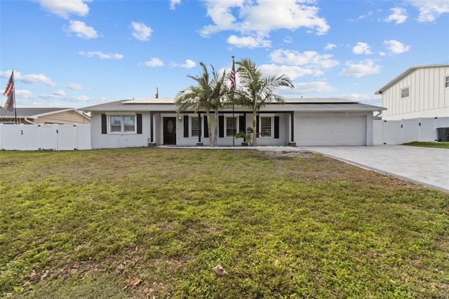 single story home featuring a garage, covered porch, and a front lawn