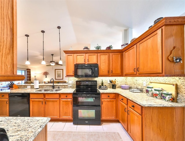 kitchen with backsplash, light tile patterned floors, black appliances, a ceiling fan, and a sink