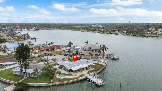 aerial view featuring a water view