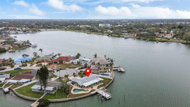 aerial view featuring a water view