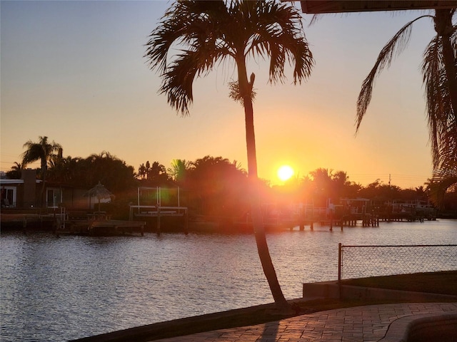 view of water feature with a dock