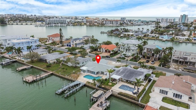 drone / aerial view with a water view