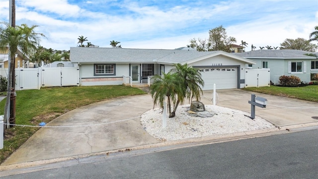 ranch-style house with a front lawn and a garage