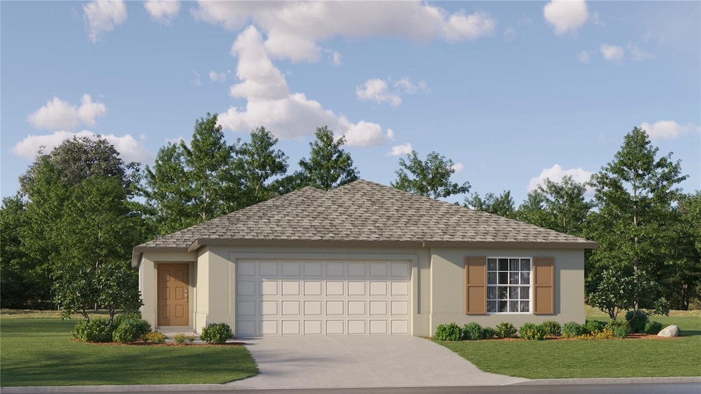 view of front of home featuring a garage and a front lawn