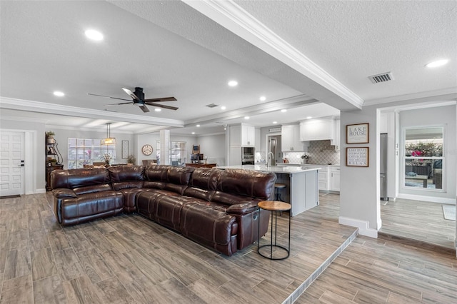 living room with ceiling fan, ornamental molding, and a healthy amount of sunlight