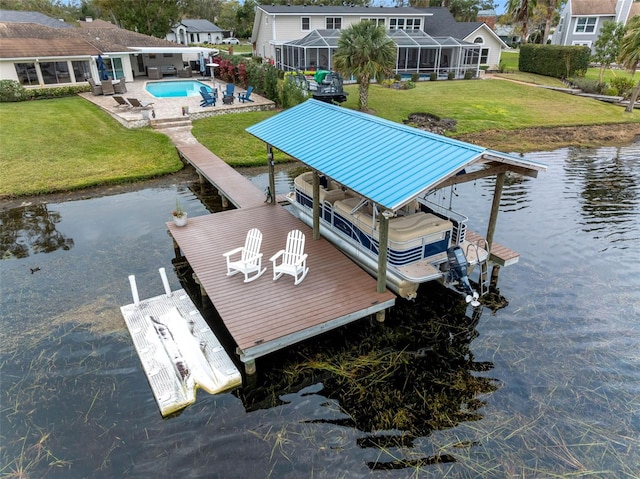 view of dock featuring a patio, glass enclosure, a lawn, and a water view