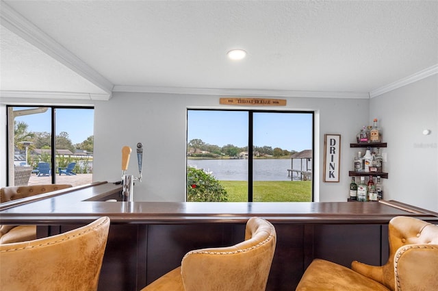 interior space with a textured ceiling, ornamental molding, and a water view