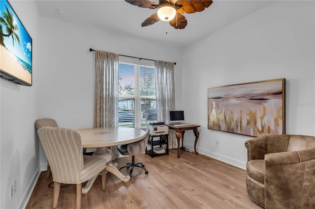 office area featuring ceiling fan and light hardwood / wood-style floors