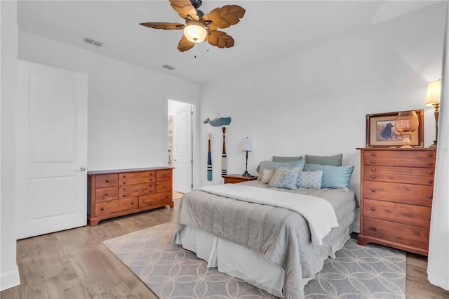 bedroom featuring ceiling fan and light hardwood / wood-style floors