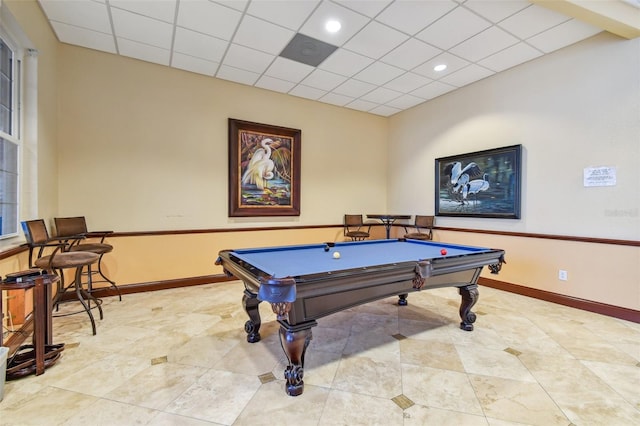 game room featuring pool table and a drop ceiling