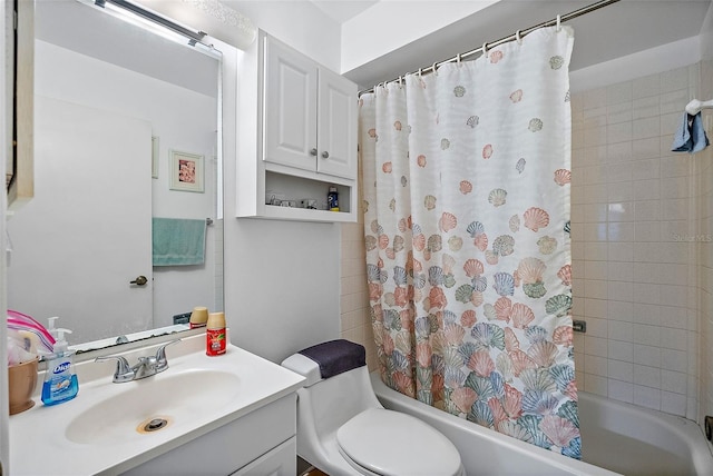 full bathroom with toilet, vanity, and shower / bath combo with shower curtain