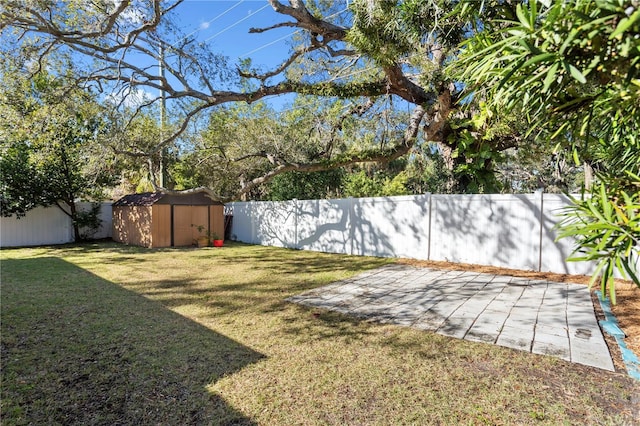 view of yard featuring a storage shed and a patio area