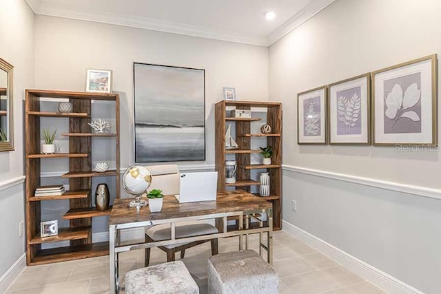 tiled office space with crown molding