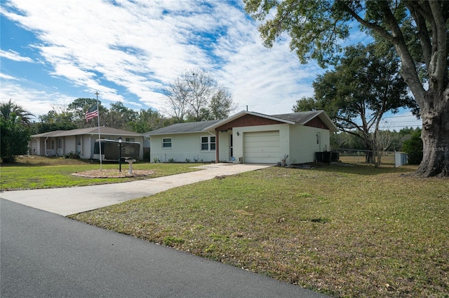 ranch-style house featuring a garage and a front lawn