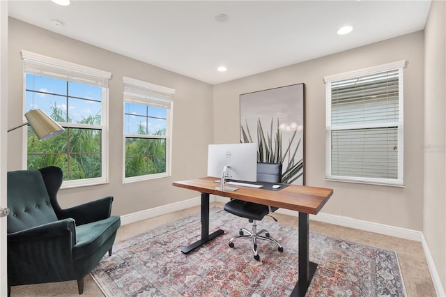 carpeted home office featuring baseboards and recessed lighting