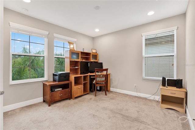 home office with light carpet, baseboards, and recessed lighting