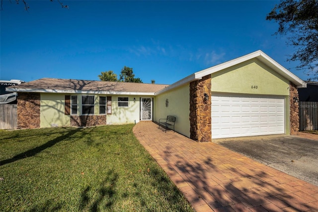 ranch-style house with a front lawn and a garage