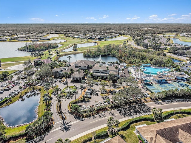 drone / aerial view featuring a water view