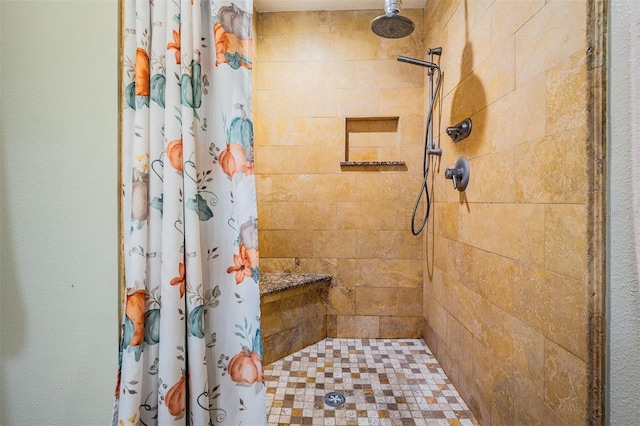 bathroom with curtained shower