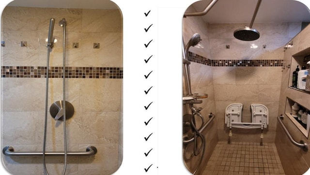 bathroom featuring tiled shower and tile patterned floors