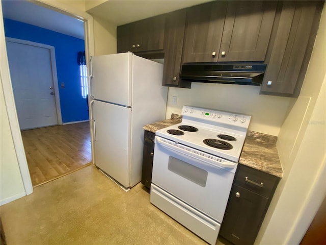 kitchen with white appliances, light hardwood / wood-style floors, light stone countertops, and dark brown cabinetry