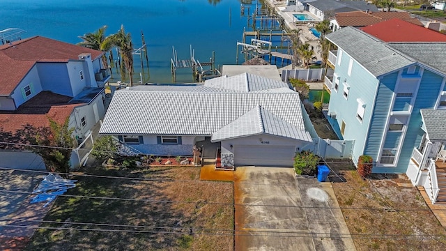 drone / aerial view with a water view