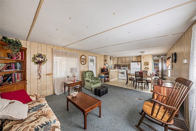 living room with wooden walls and carpet