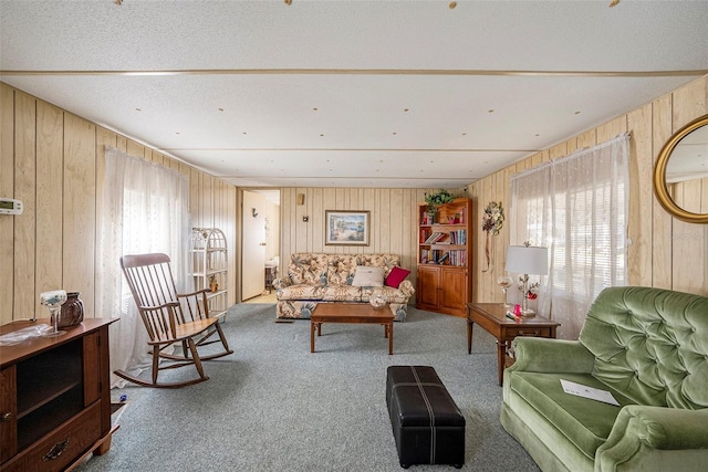 living room featuring wooden walls and carpet floors