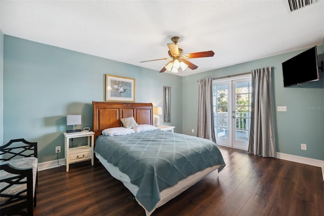 bedroom featuring ceiling fan, dark hardwood / wood-style flooring, and access to exterior