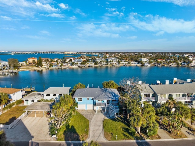 drone / aerial view featuring a water view