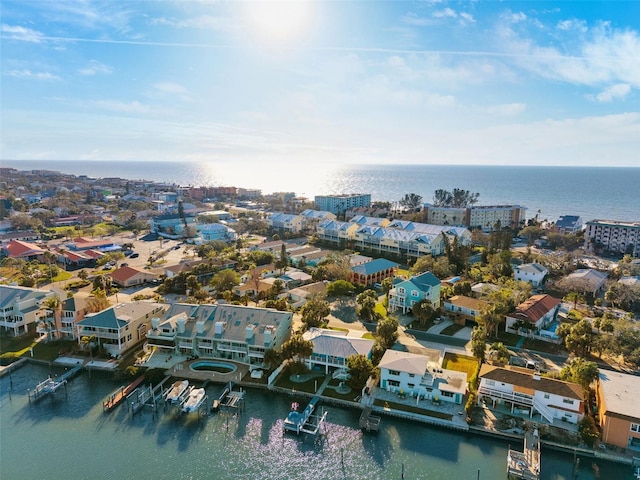 bird's eye view with a water view