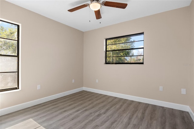 empty room with ceiling fan, light hardwood / wood-style flooring, and a wealth of natural light