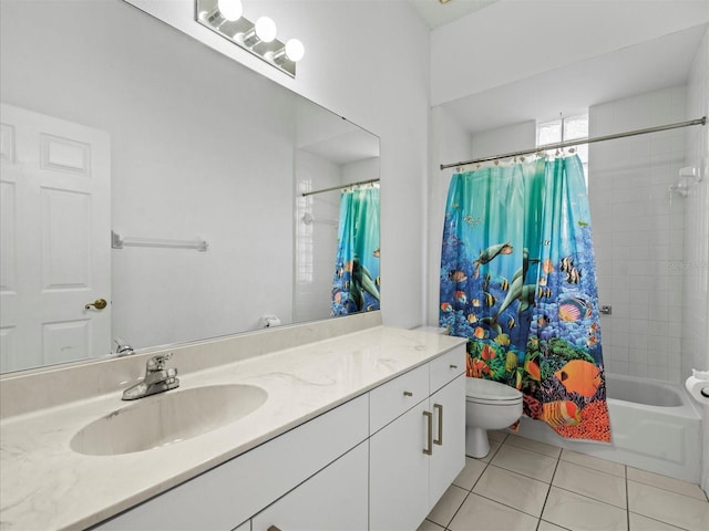 full bathroom with toilet, shower / bath combo with shower curtain, tile patterned floors, and vanity