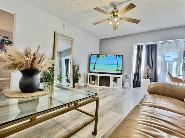 living room with a fireplace, hardwood / wood-style floors, a textured ceiling, and ceiling fan