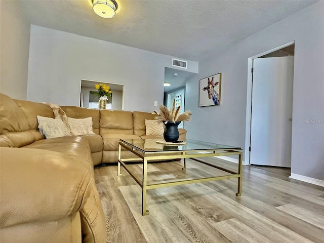 living room featuring light hardwood / wood-style floors and a textured ceiling