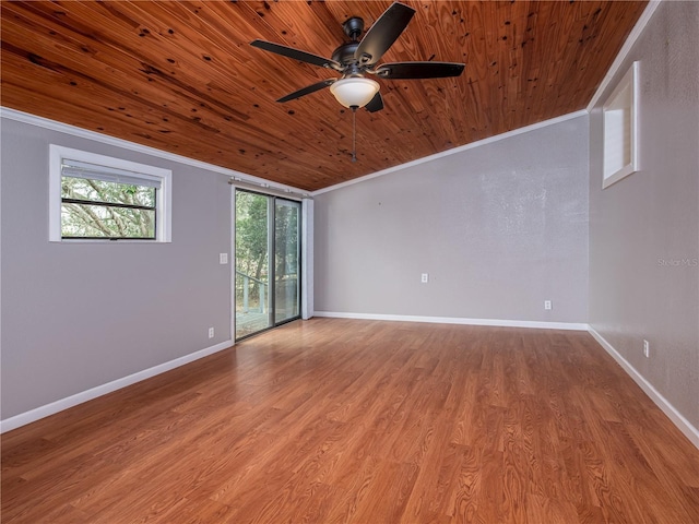 unfurnished room featuring light hardwood / wood-style floors, ceiling fan, crown molding, and wood ceiling