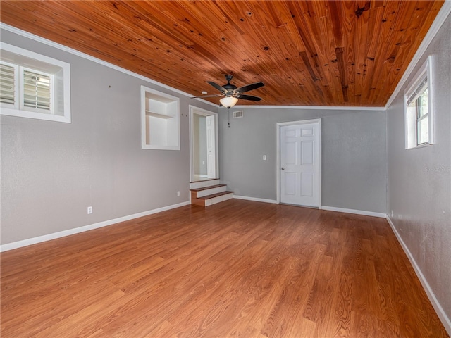 empty room with ceiling fan, light hardwood / wood-style flooring, ornamental molding, and wood ceiling