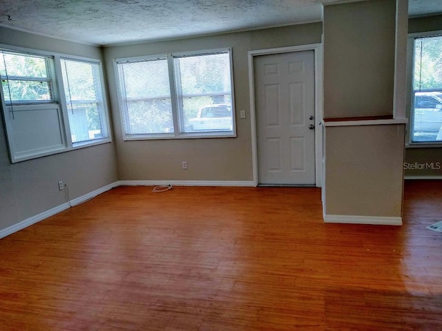 foyer featuring plenty of natural light, hardwood / wood-style floors, and a textured ceiling