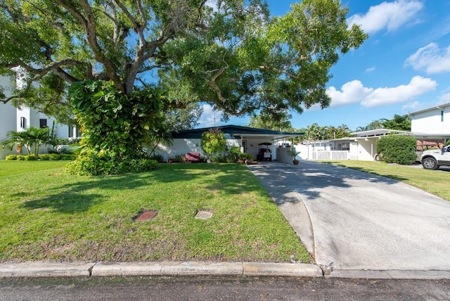 ranch-style house featuring a front lawn and a carport