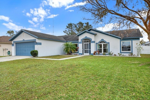 ranch-style home featuring a garage and a front yard