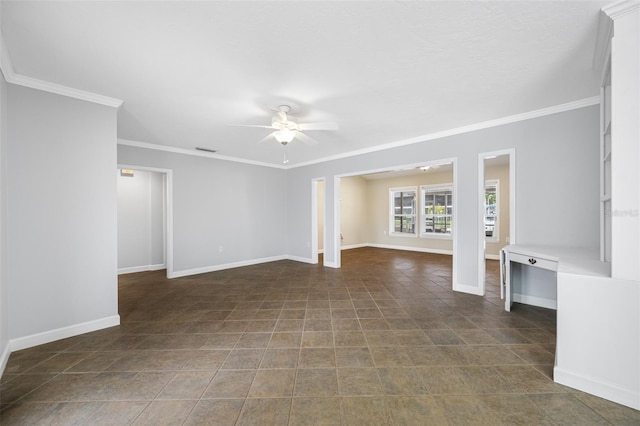 spare room with ceiling fan and crown molding