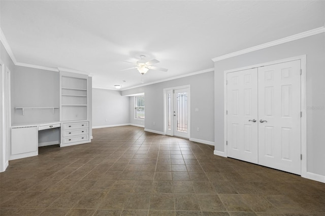 interior space featuring ceiling fan and crown molding