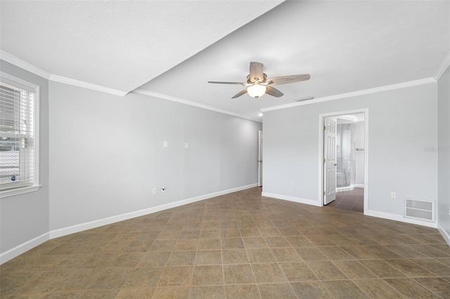 unfurnished room with ornamental molding and ceiling fan