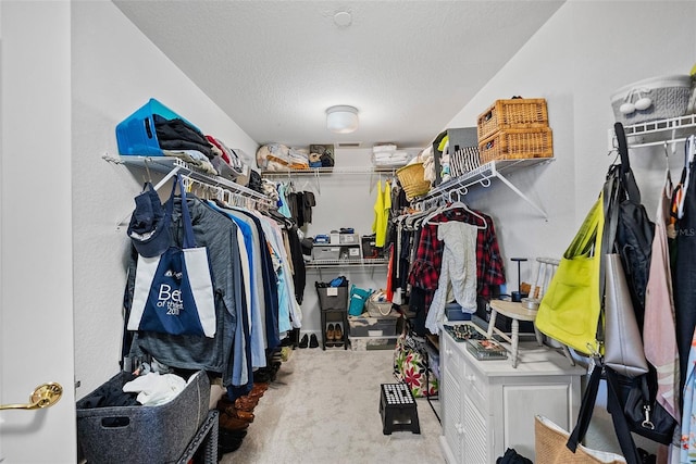 walk in closet featuring light colored carpet